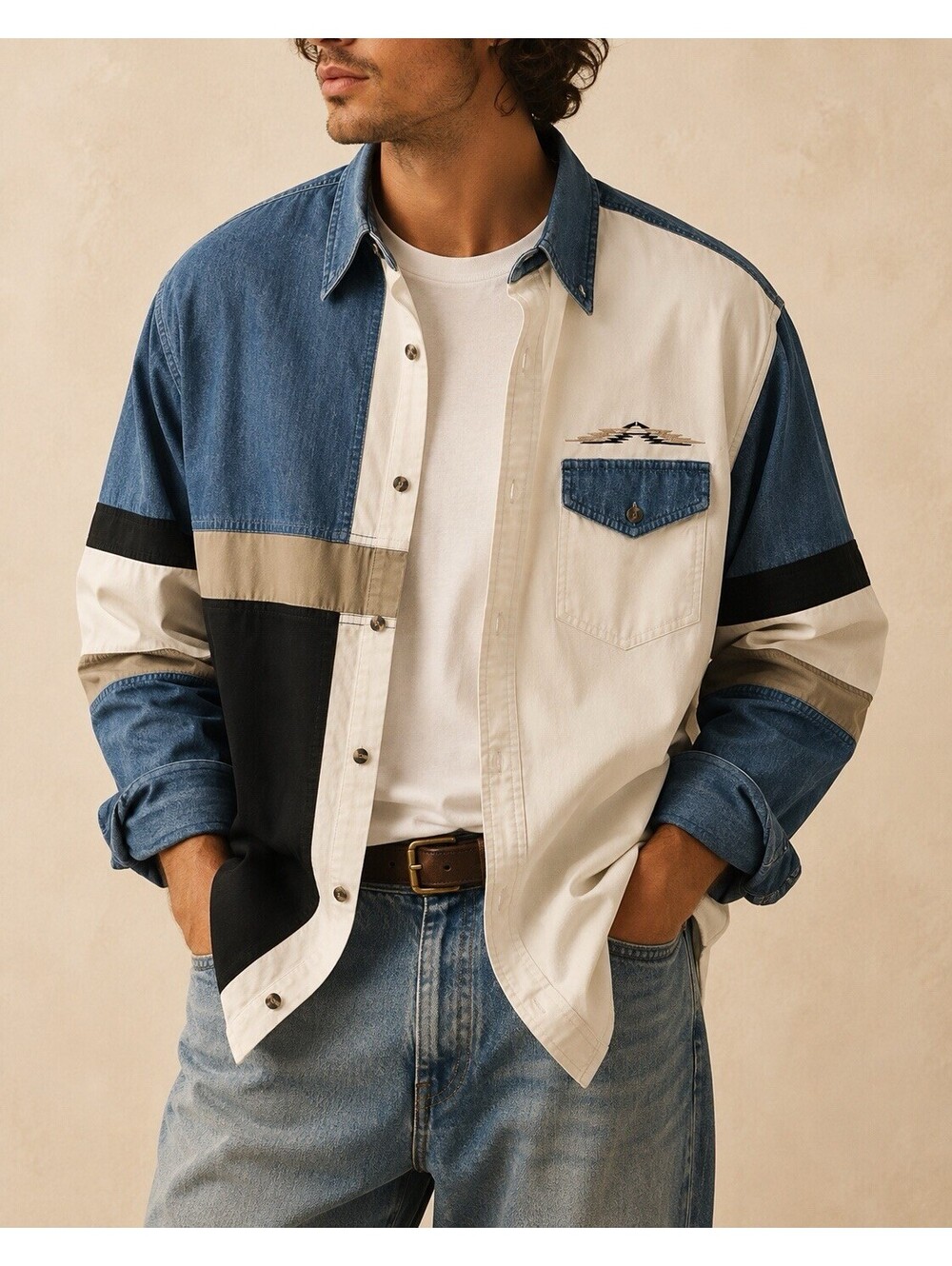 Vintage Express Rider XL Denim Colorblock Western Shirt 90s Cowboy 100% Cotton